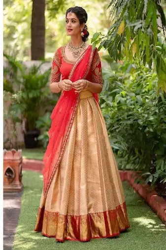 Peach Silk Zari Lehenga with Red Color Banarasi Silk Dupatta
