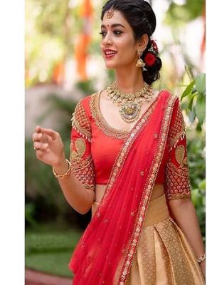 Peach Silk Zari Lehenga with Red Color Banarasi Silk Dupatta 4
