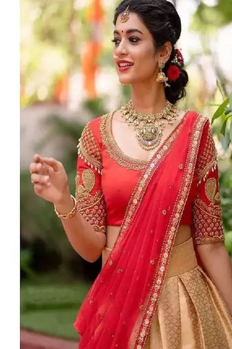 Peach Silk Zari Lehenga with Red Color Banarasi Silk Dupatta