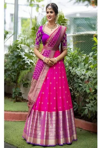 Pink Silk Zari Lehenga with Purple Banarasi Silk Dupatta