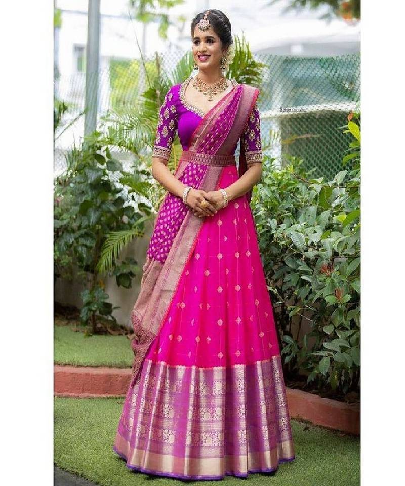 Pink Silk Zari Lehenga with Purple Banarasi Silk Dupatta