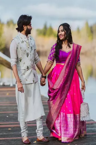 Pink Silk Zari Lehenga with Purple Banarasi Silk Dupatta