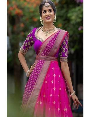 Pink Silk Zari Lehenga with Purple Banarasi Silk Dupatta 4