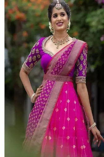 Pink Silk Zari Lehenga with Purple Banarasi Silk Dupatta