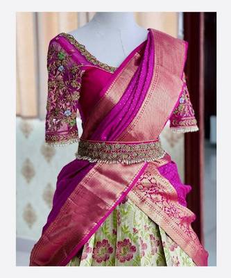 Lime Silk Zari Lehenga with Banarasi Silk blend Dupatta 2