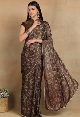 Mirchi fashion women's coffee brown floral printed chiffon saree with unstitched blouse piece 1