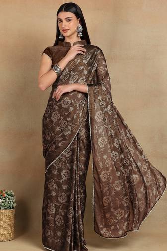 Mirchi fashion women's coffee brown floral printed chiffon saree with unstitched blouse piece