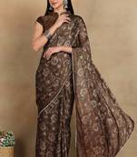 Mirchi fashion women's coffee brown floral printed chiffon saree with unstitched blouse piece