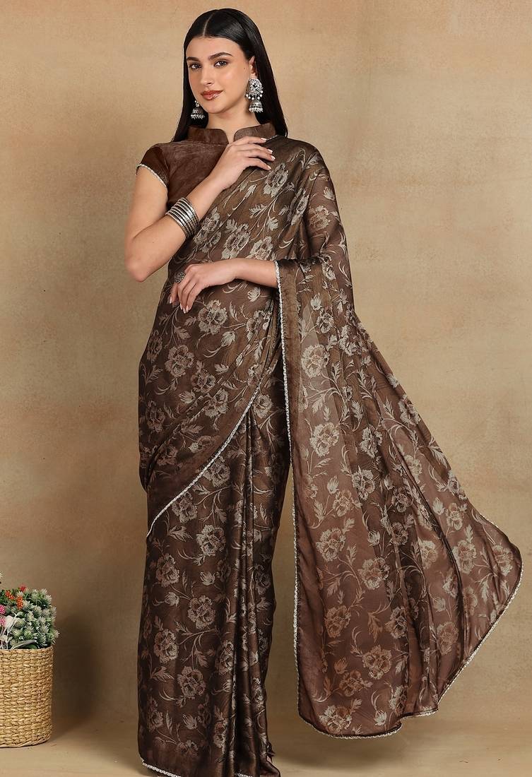 Mirchi fashion women's coffee brown floral printed chiffon saree with unstitched blouse piece