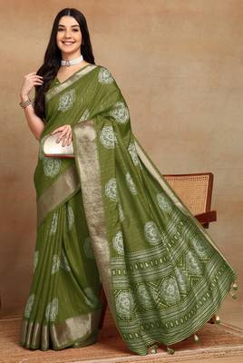 Mirchi fashion women's green floral printed cotton silk,silk blend saree with unstitched blouse piece 1