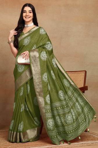 Mirchi fashion women's green floral printed cotton silk,silk blend saree with unstitched blouse piece