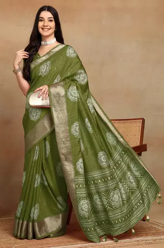 Mirchi fashion women's green floral printed cotton silk,silk blend saree with unstitched blouse piece