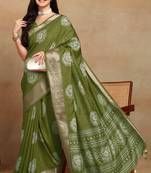 Mirchi fashion women's green floral printed cotton silk,silk blend saree with unstitched blouse piece