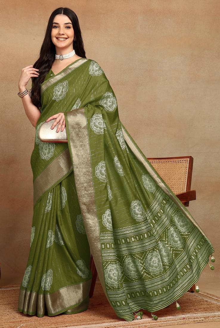 Mirchi fashion women's green floral printed cotton silk,silk blend saree with unstitched blouse piece