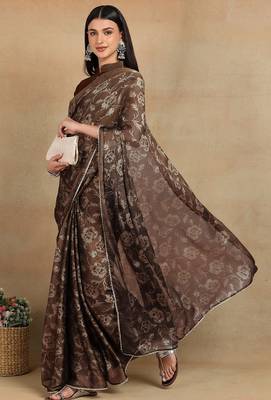 Mirchi fashion women's coffee brown floral printed chiffon saree with unstitched blouse piece 2