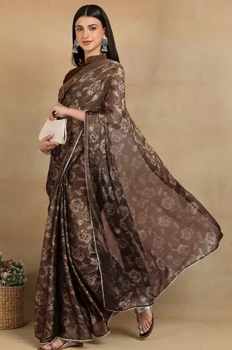 Mirchi fashion women's coffee brown floral printed chiffon saree with unstitched blouse piece