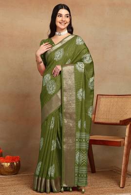Mirchi fashion women's green floral printed cotton silk,silk blend saree with unstitched blouse piece 2