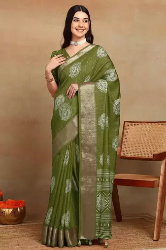 Mirchi fashion women's green floral printed cotton silk,silk blend saree with unstitched blouse piece