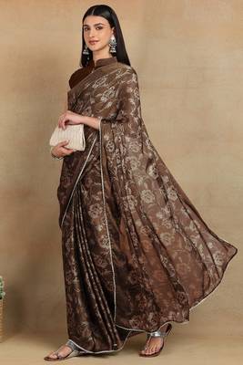 Mirchi fashion women's coffee brown floral printed chiffon saree with unstitched blouse piece 3