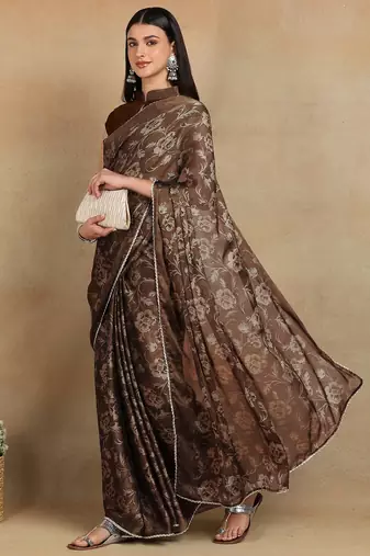 Mirchi fashion women's coffee brown floral printed chiffon saree with unstitched blouse piece