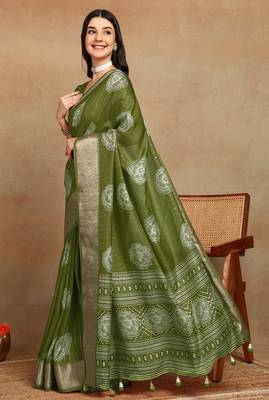 Mirchi fashion women's green floral printed cotton silk,silk blend saree with unstitched blouse piece 3