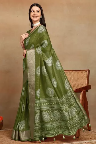Mirchi fashion women's green floral printed cotton silk,silk blend saree with unstitched blouse piece