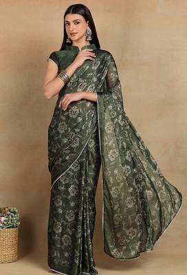 Mirchi fashion women's green floral printed chiffon saree with unstitched blouse piece 1