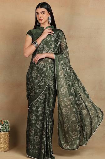 Mirchi fashion women's green floral printed chiffon saree with unstitched blouse piece