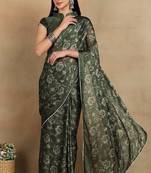 Mirchi fashion women's green floral printed chiffon saree with unstitched blouse piece