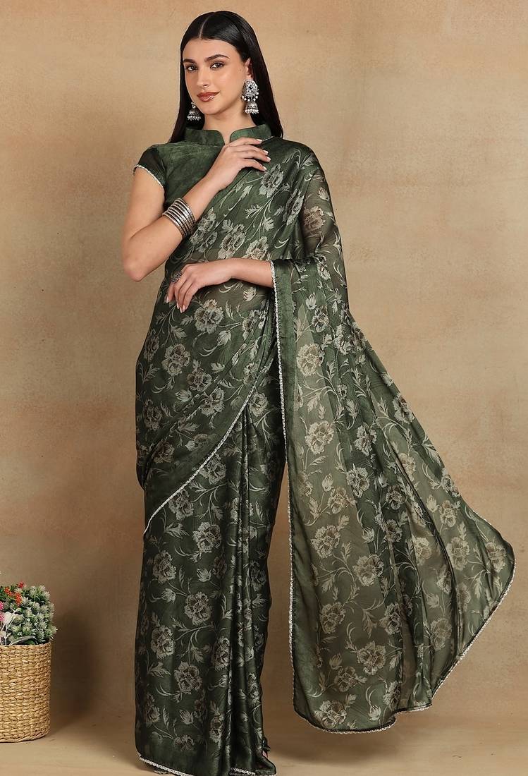 Mirchi fashion women's green floral printed chiffon saree with unstitched blouse piece