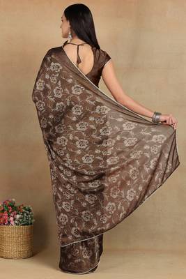 Mirchi fashion women's coffee brown floral printed chiffon saree with unstitched blouse piece 4