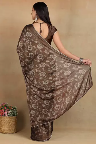 Mirchi fashion women's coffee brown floral printed chiffon saree with unstitched blouse piece