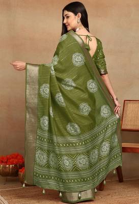 Mirchi fashion women's green floral printed cotton silk,silk blend saree with unstitched blouse piece 4