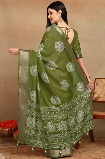 Mirchi fashion women's green floral printed cotton silk,silk blend saree with unstitched blouse piece