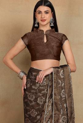 Mirchi fashion women's coffee brown floral printed chiffon saree with unstitched blouse piece 5