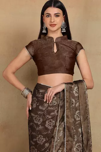 Mirchi fashion women's coffee brown floral printed chiffon saree with unstitched blouse piece