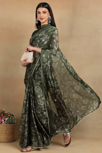 Mirchi fashion women's green floral printed chiffon saree with unstitched blouse piece
