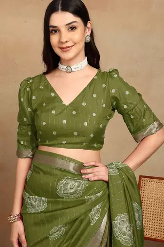 Mirchi fashion women's green floral printed cotton silk,silk blend saree with unstitched blouse piece