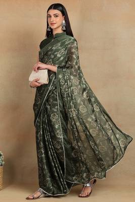 Mirchi fashion women's green floral printed chiffon saree with unstitched blouse piece 3