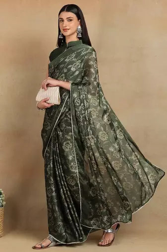 Mirchi fashion women's green floral printed chiffon saree with unstitched blouse piece