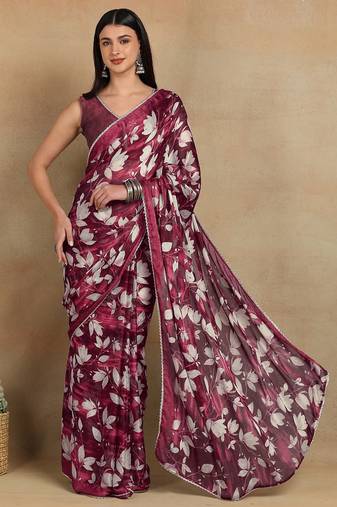 Mirchi fashion women's red floral printed chiffon saree with unstitched blouse piece