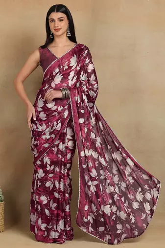 Mirchi fashion women's red floral printed chiffon saree with unstitched blouse piece