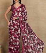 Mirchi fashion women's red floral printed chiffon saree with unstitched blouse piece