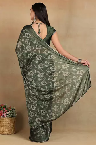Mirchi fashion women's green floral printed chiffon saree with unstitched blouse piece
