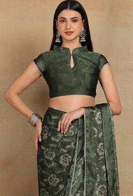 Mirchi fashion women's green floral printed chiffon saree with unstitched blouse piece 5