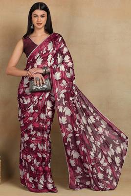 Mirchi fashion women's red floral printed chiffon saree with unstitched blouse piece 2