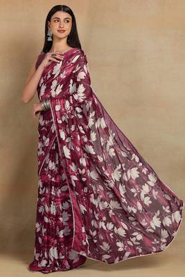 Mirchi fashion women's red floral printed chiffon saree with unstitched blouse piece 3