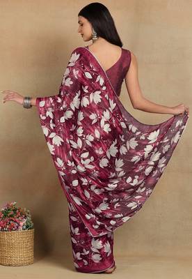 Mirchi fashion women's red floral printed chiffon saree with unstitched blouse piece 4