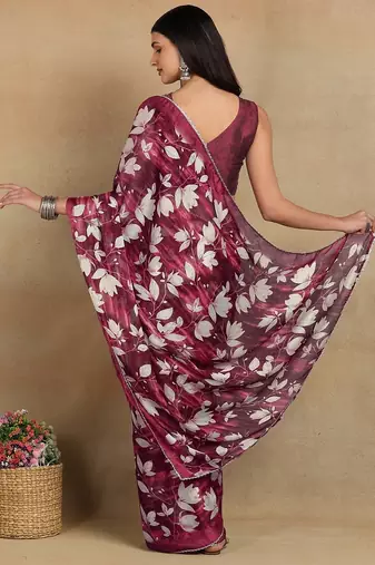Mirchi fashion women's red floral printed chiffon saree with unstitched blouse piece