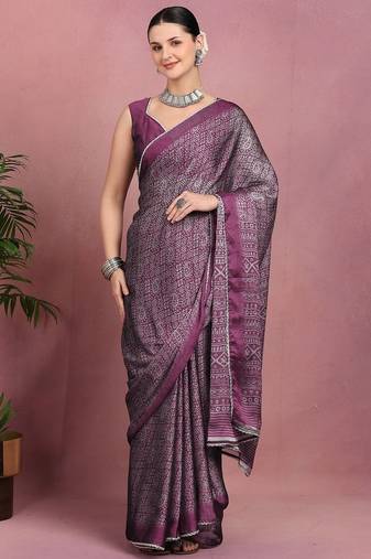 Mirchi fashion women's magenta floral printed chiffon saree with unstitched blouse piece